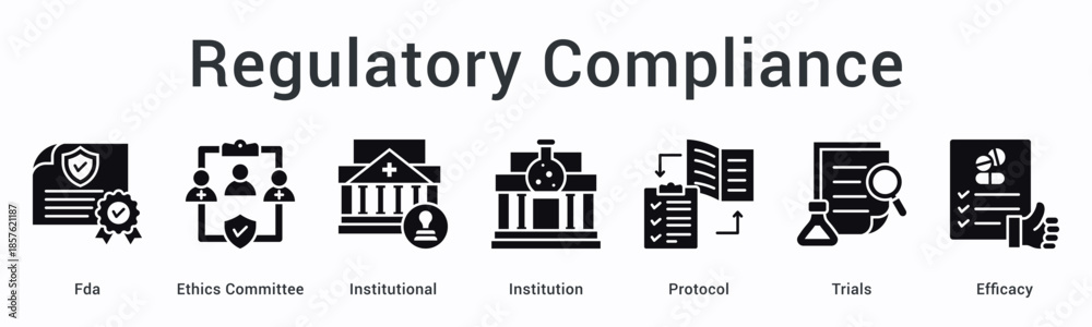 Fototapeta premium Regulatory compliance banner web icon ensures fda and ethics committee institutional protocol adherence measuring trials efficacy.