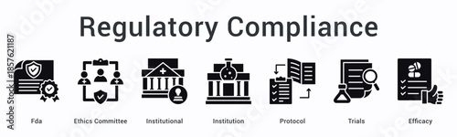 Regulatory compliance banner web icon ensures fda and ethics committee institutional protocol adherence measuring trials efficacy.
