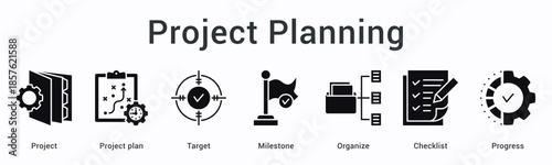 Project planning banner web icon establishes blueprint with targets and milestones using organized checklists for progress.