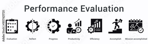 Performance evaluation banner web icon assesses progress through reflection measuring productivity efficiency and accomplished mission success.