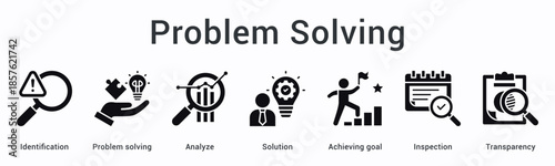 Problem solving banner web icon identifies and analyzes issues leading to solutions with goal achievement and transparency.