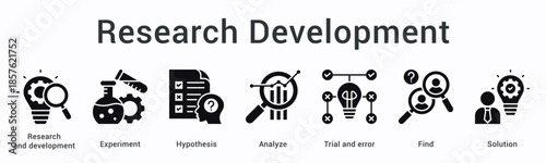 Research development banner web icon explores experiments and hypothesis through analysis and trials finding solutions effectively.