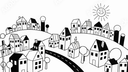 Charming Hand Drawn Village Scene with Houses and Sun.