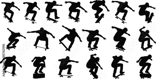Skateboarder Silhouette Collection of Tricks, Jumps, Flips, Balancing Poses, Urban Skateboarding Action for Sports, Youth, and Lifestyle Design