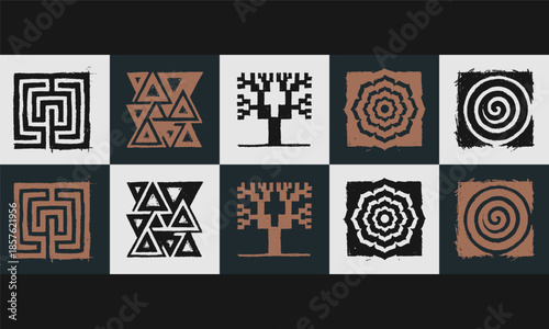 Distressed Primitive Symbols Collection. Tree, Labyrinth, Spiral, Mandala. Hand-drawn Vector Set of 5.