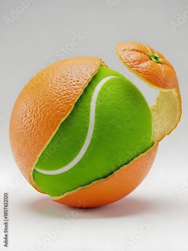 Surreal orange fruit peeling to reveal a green tennis ball inside. Sport and food hybrid concept 3D render with high texture