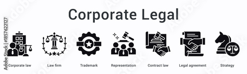 Corporate legal banner web icon covers law firm trademark representation with contract agreements and strategic planning.