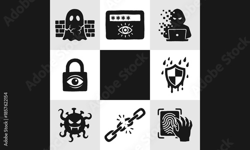 Vector Set of 8 Hand-Drawn Cybersecurity Icons: Hacking, Malware, and Digital Security Threats