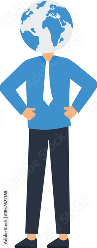 Businessman globe head global business international relations corporate responsibility environmental awareness globalization concept confident pose world map global mindset earth day