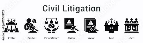 Civil litigation banner web icon addresses tort and personal injury claims through lawsuit proceedings with court jury trials.