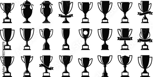 Set of 24 Black Trophy Silhouettes for Sports Awards, Achievement Recognition, Champion Cups, Vector Icons, Isolated on White Background