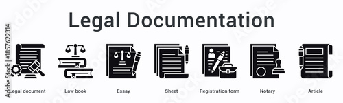 Legal documentation banner web icon organizes documents, law books, and registration forms with notary for article filing.