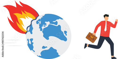 Businessman running from burning Earth global warming concept environmental disaster climate change crisis corporate escape planet on fire ecological problem man with briefcase
