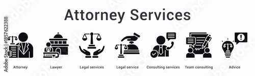 Attorney services banner web icon delivers legal assistance through consulting with team collaboration providing professional advice.