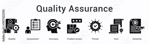 Quality assurance banner web icon evaluates accuracy through product reviews with proven facts ensuring certainty standards.