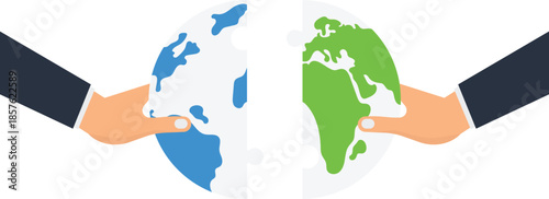 Business hands connecting Earth puzzle pieces for global partnership and international collaboration. World map teamwork solution for sustainable future, environmental care, and global strategy unity.