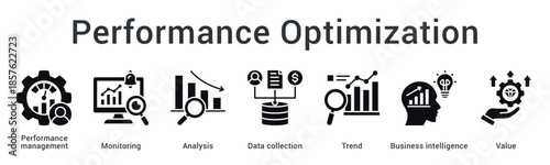 Performance optimization banner web icon tracks monitoring and analysis through data collection revealing trends and intelligence.