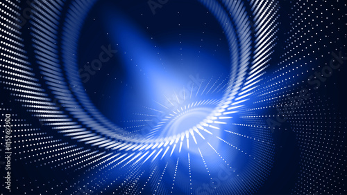 3D Circles Tech Background with Dotted Lines and Optical Illusion Effect. Big Data Visualization in Dark Space. Modern Dots Style Round Tunnel Banner. Vector Illustration.