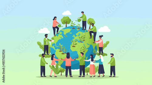 Diverse People Surrounding Globe with Trees.