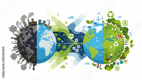 Earth with Pollution and Sustainability Symbols.