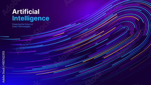 Digital Transformation Concept with Futuristic Data Flow and Smart Technology Visualization. Abstract Big Data, Artificial Intelligence AI, Automation Design. Tech and Science Vector Illustration.