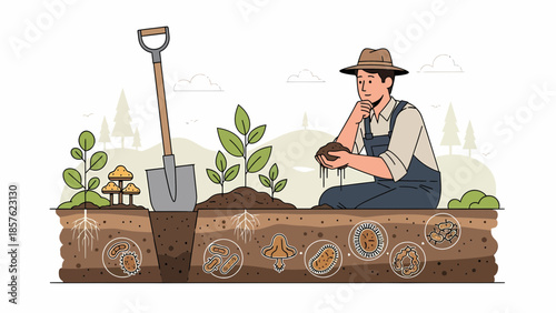 Farmer Sitting on Log with Plants.