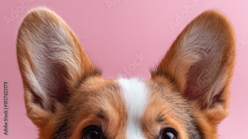 A corgi dog seen from behind with perky ears and soft fur against a pink backdrop conveys charm, playfulness, and breed character.

