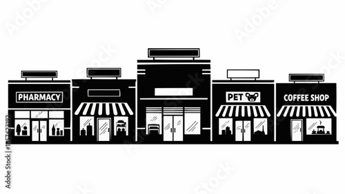 Row of Shops - Pharmacy, Store, Pet Shop, Coffee Shop.