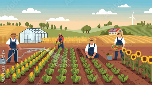 Farmers working in a sunflower field.