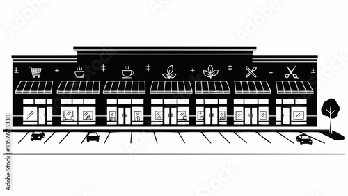 Commercial Building with Multiple Shops and Parking Spaces.
