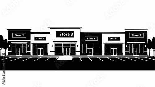 Commercial Building Facade with Multiple Storefronts and Parking.