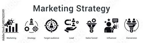 Marketing strategy banner web icon targets audience through lead funnel with influencer engagement for conversion success.