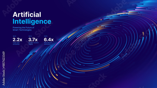 Digital Transformation Concept with Futuristic Data Flow and Smart Technology Visualization. Abstract Big Data, Artificial Intelligence AI, Automation Design. Tech and Science Vector Illustration.