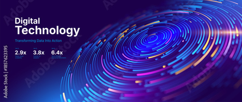 Digital Transformation Concept with Futuristic Data Flow and Smart Technology Visualization. Abstract Big Data, Artificial Intelligence AI, Automation Design. Tech and Science Vector Illustration.