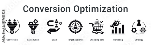 Conversion optimization banner web icon develops sales funnel from lead to target audience shopping cart through marketing strategy.