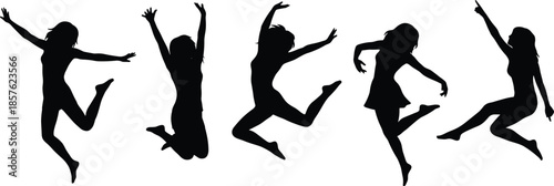 Jumping women silhouettes expressing freedom, happiness, energetic movement, youth lifestyle, celebration, dance action, dynamic motion, joyful female energy concept