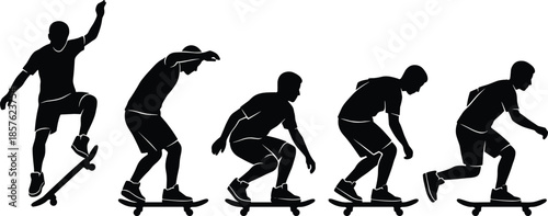 Skateboarding silhouette sequence showing trick progression, urban street action, extreme sport lifestyle, motion study, youth culture, dynamic movement illustration