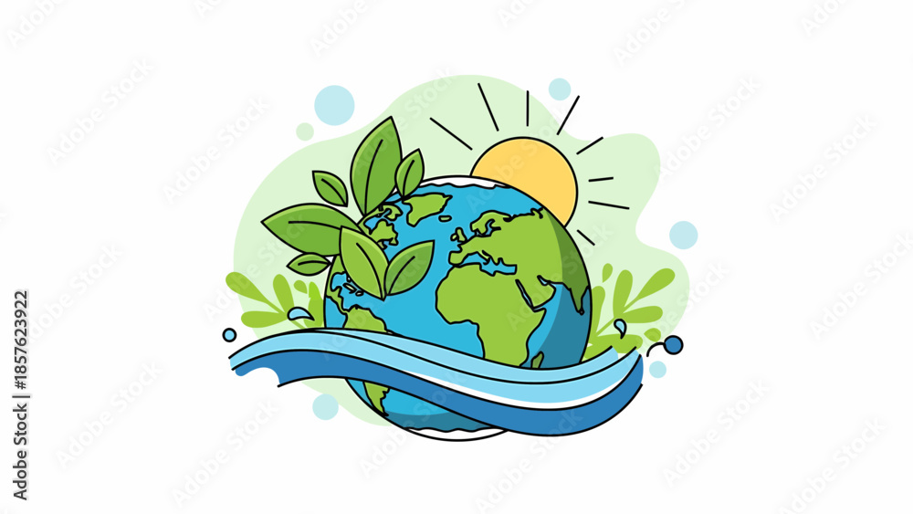 Fototapeta premium Globe with Leaves and Water Illustration.