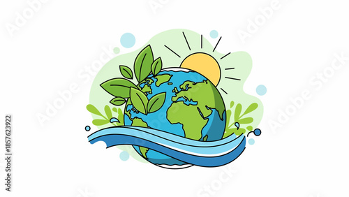 Globe with Leaves and Water Illustration.