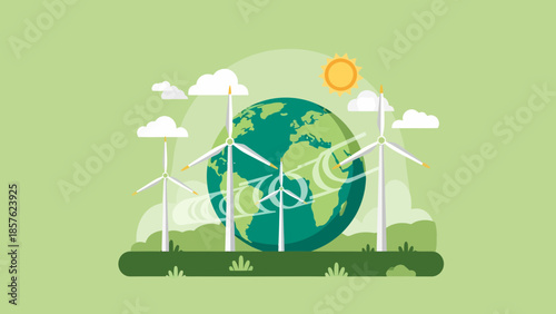 Globe with Wind Turbines and Clouds.