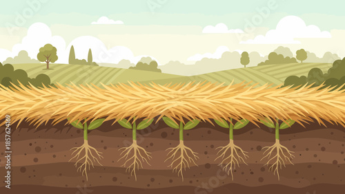 Illustration of Wheat Plants with Roots.