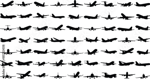 Airplane Silhouettes Collection Featuring Commercial Jets, Cargo Aircraft, Military Planes, Front and Side Views for Aviation Design and Education