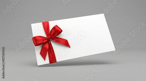 Gift Card Elegance: A clean, sleek gift card, adorned with a vibrant red bow, floating gracefully. Perfect for conveying sentiments of generosity, celebration, or appreciation.