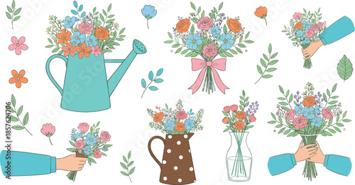 Hand drawn floral bouquets and flower arrangements in watering can, vase, and hands, decorative botanical illustration set for romantic design