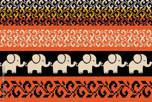 Bild auf Leinwand Bold elephant ethnic pattern inspired by Asian traditional textile art, geometri