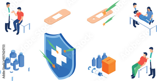 Vaccination and medical immunity concept illustration set with doctors, patients, syringes, bandages, shield protection, and healthcare treatment scenes