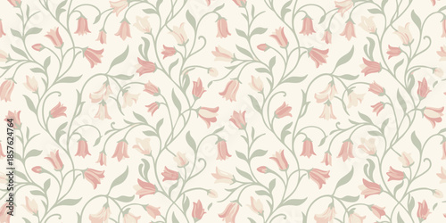 A serene floral pattern featuring delicate pink flowers and green leaves on a soft beige background