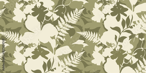 A serene illustration of various plants and leaves in a harmonious green pattern
