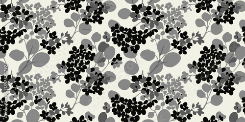 A serene illustration of plants and leaves in a repeating pattern on a light background