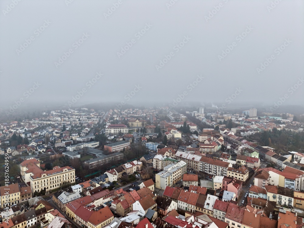 Fototapeta premium Aerial Perspective Capturing Preserved Historic District With Winding Streets And Vintage Architecture